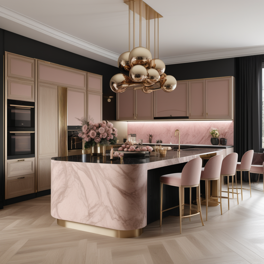 A hyperrealistic image of a luxurious, grand  modern Parisian kitchen with island in a beige oak brass colour palette with accents of black and dusty rose