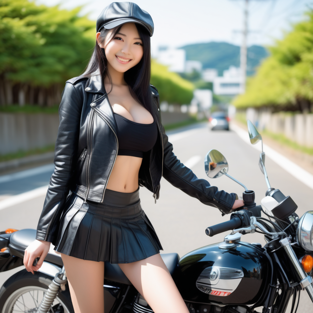 A beautiful, petite, slender, seductive, sultry Japanese 18 year old girl, 32DDD breasts, long black hair, , bicycle, leaning on motorcycle, skirt, leather jacket, cleavage, smile, sunny, hat.