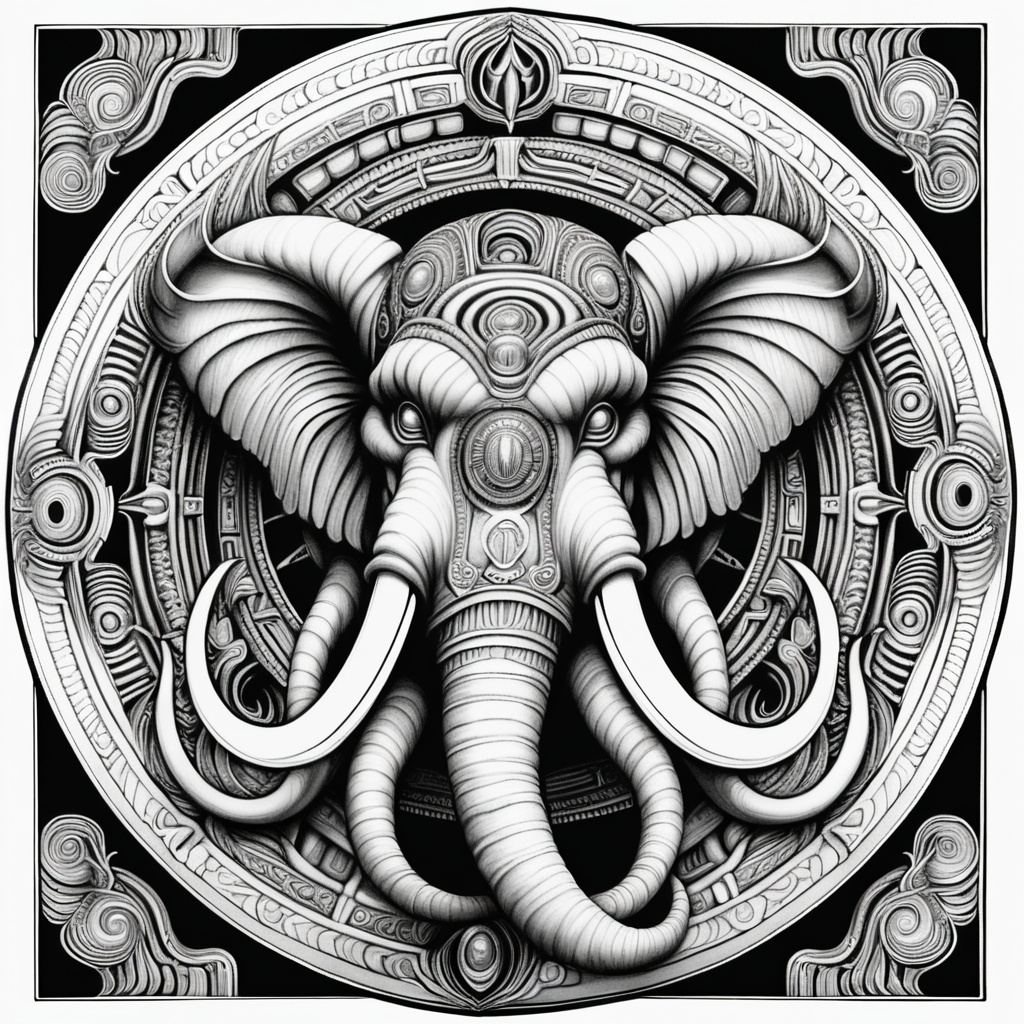 black & white, coloring page, high details, symmetrical mandala, strong lines, mammoth with many eyes in style of H.R Giger