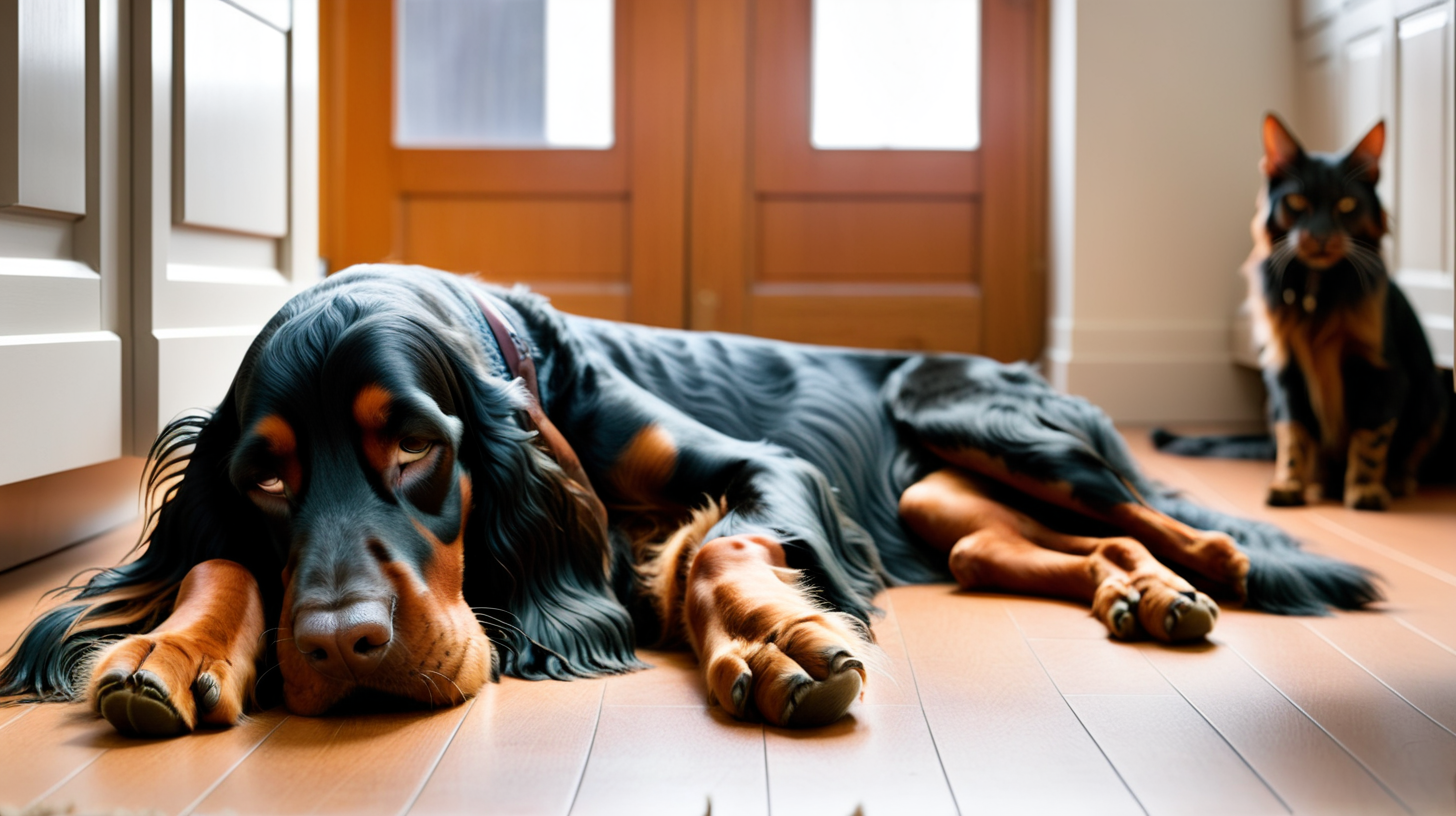 Gordon setter sleeping on a floor with two