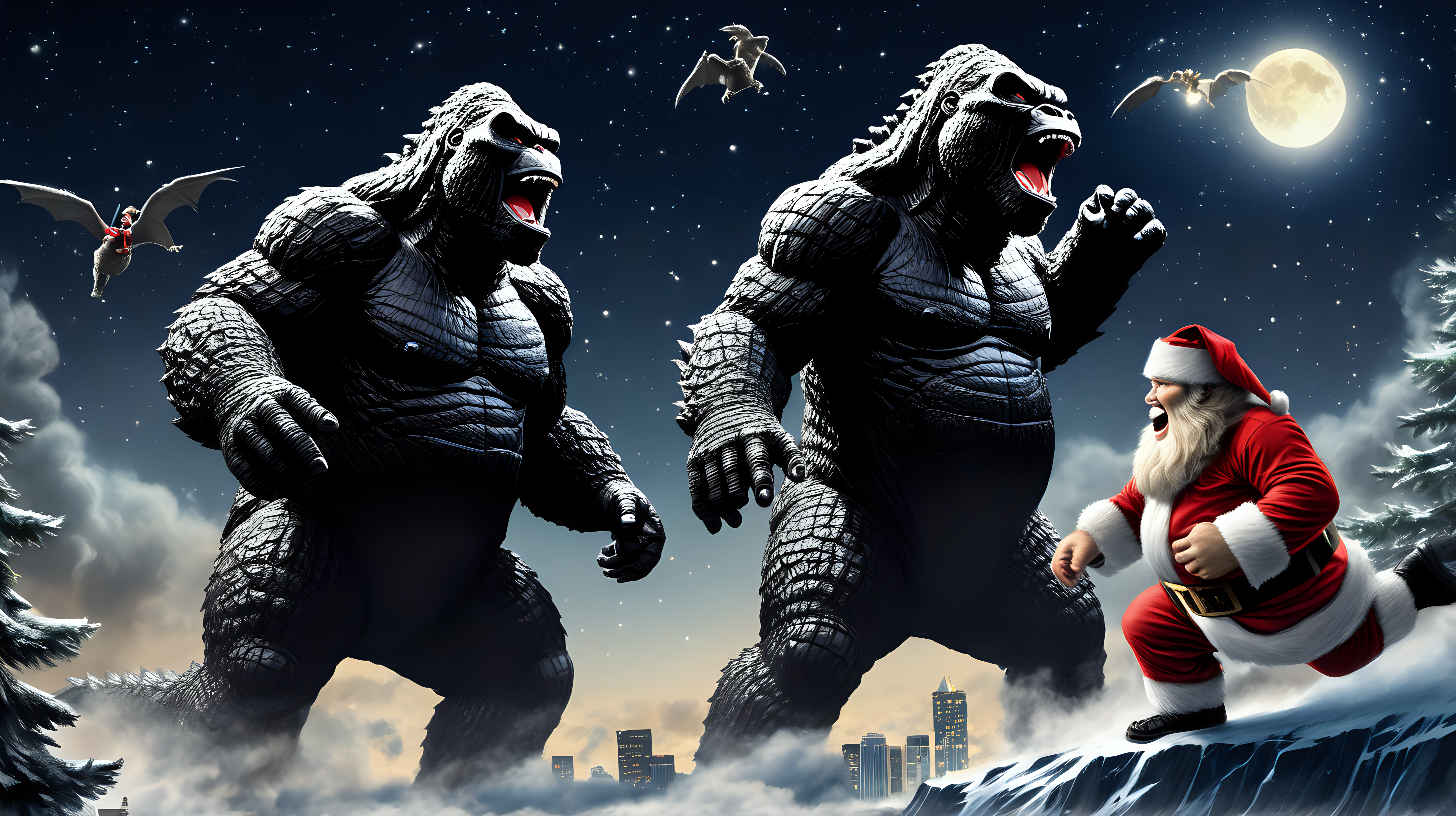 Godzilla and King Kong chasing Santa in the night sky