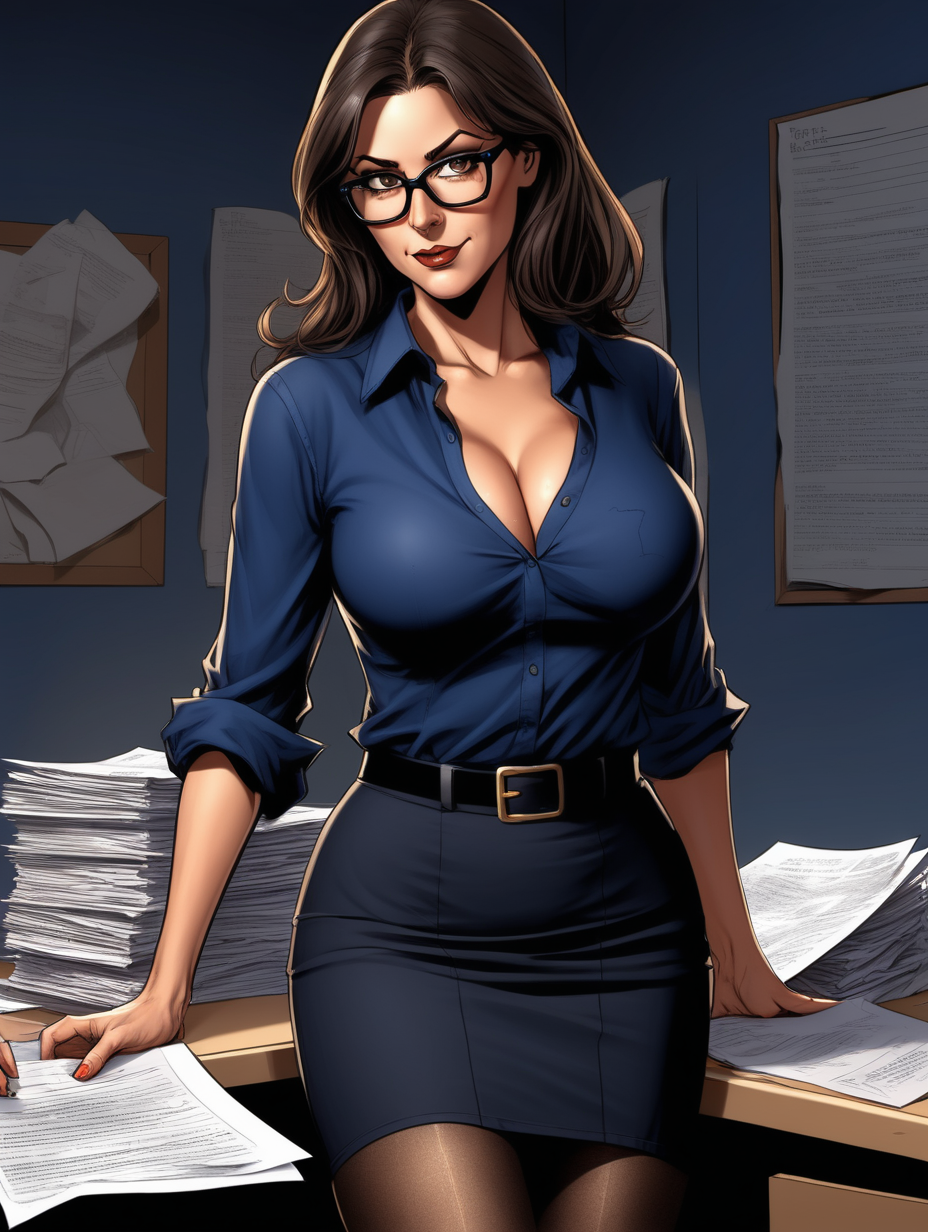 Beautiful, mature, brunette woman, teacher, glasses, [ripped open] (navy) shirt & (flowy) black skirt,,  exposed breasts,  grading papers, halloween night[Detailed comic book art style] , thick pantyhose legs