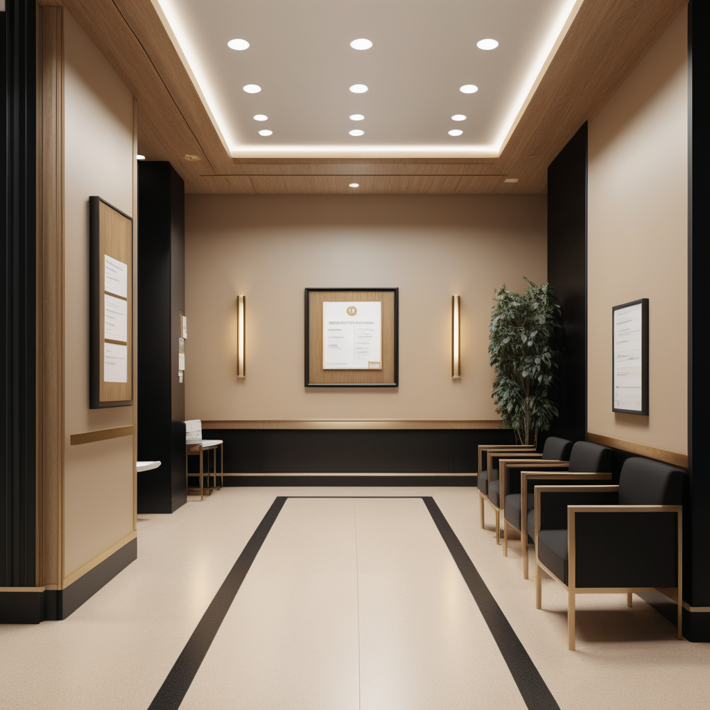hyperrealistic image of an elegant medical centre interior in a beige, oak, brass and black colour palette