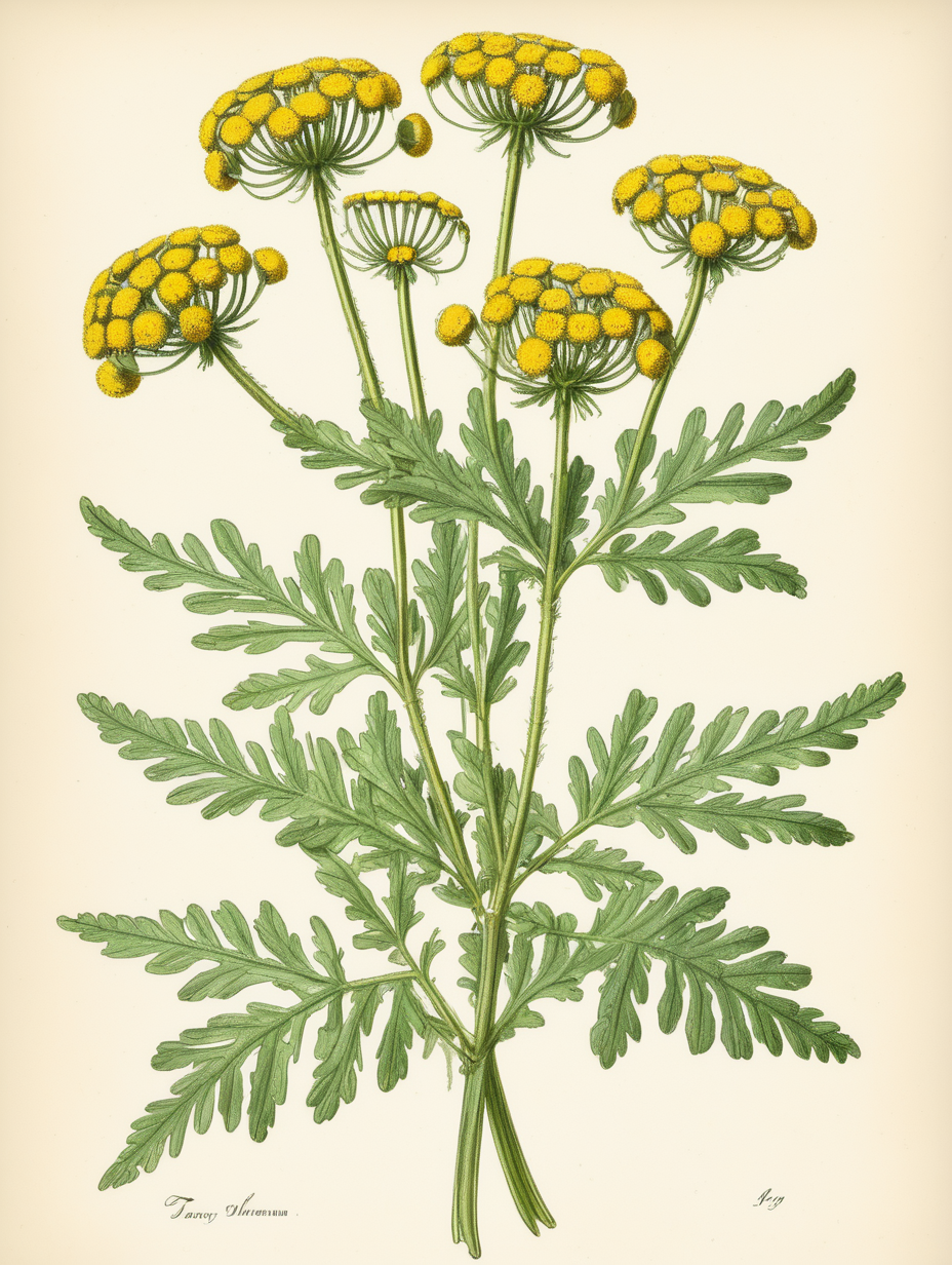 Tanacetum vulgare Tansy Plant botanical illustration