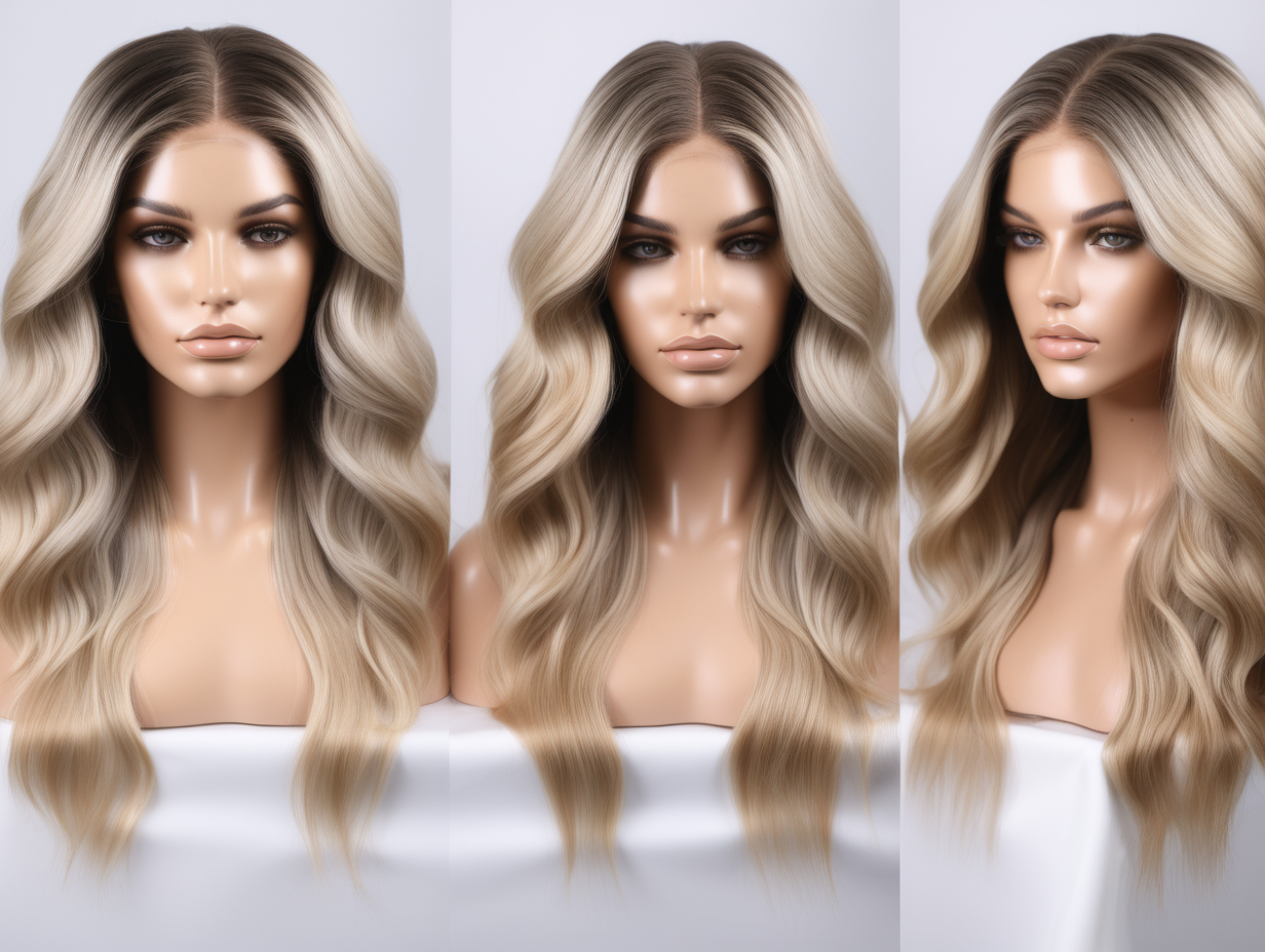 product photos of seamless hairline balayage lace front wig beautiful mannequin head display