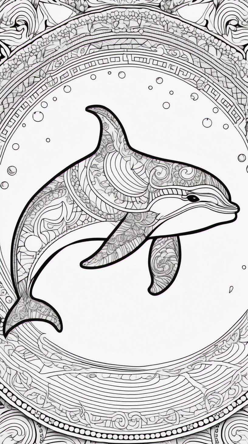 killer whale, mandala background, coloring book page, clean line art, no color