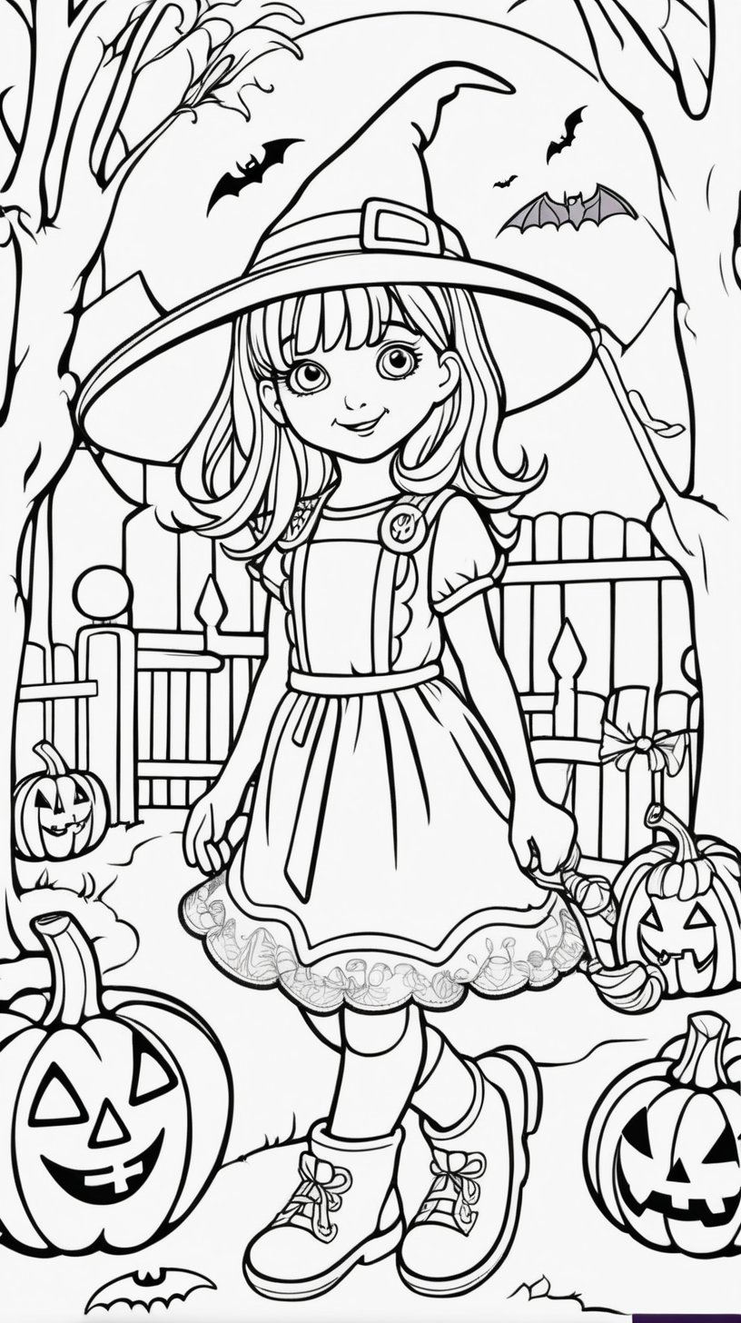Cover of a children's coloring book: girl at a Halloween party, full color  and write title cut girl in Halloween party  cloloring book  children's between 4 years to 14 years 