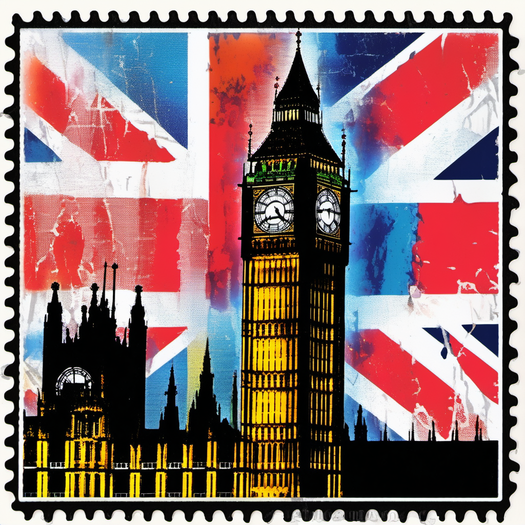 stamp with big ben, london, british flag colours, abstract, colourful, disstressed edges