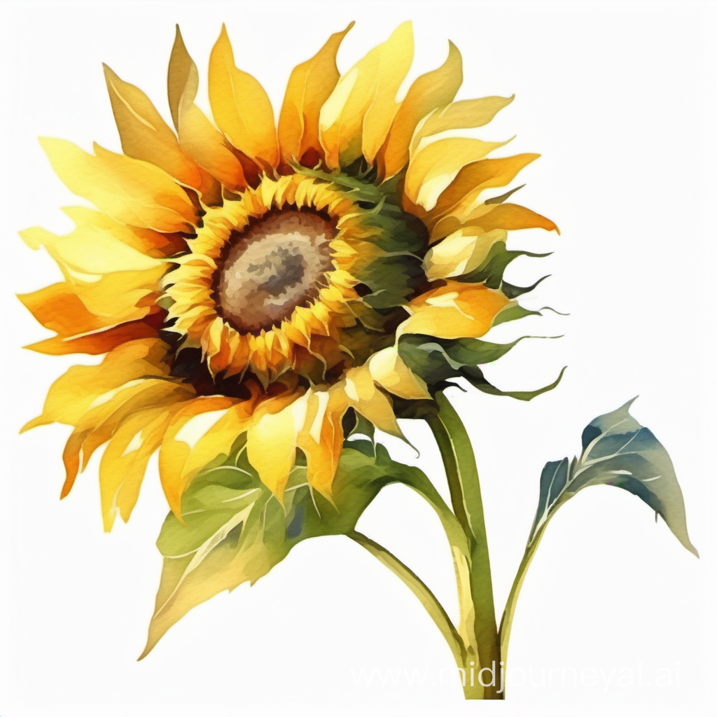 one Sunflower with stem, impressionist art style, joyful mood, warm lighting, 
watercolor colorful clip art illustration, high detail, white background
