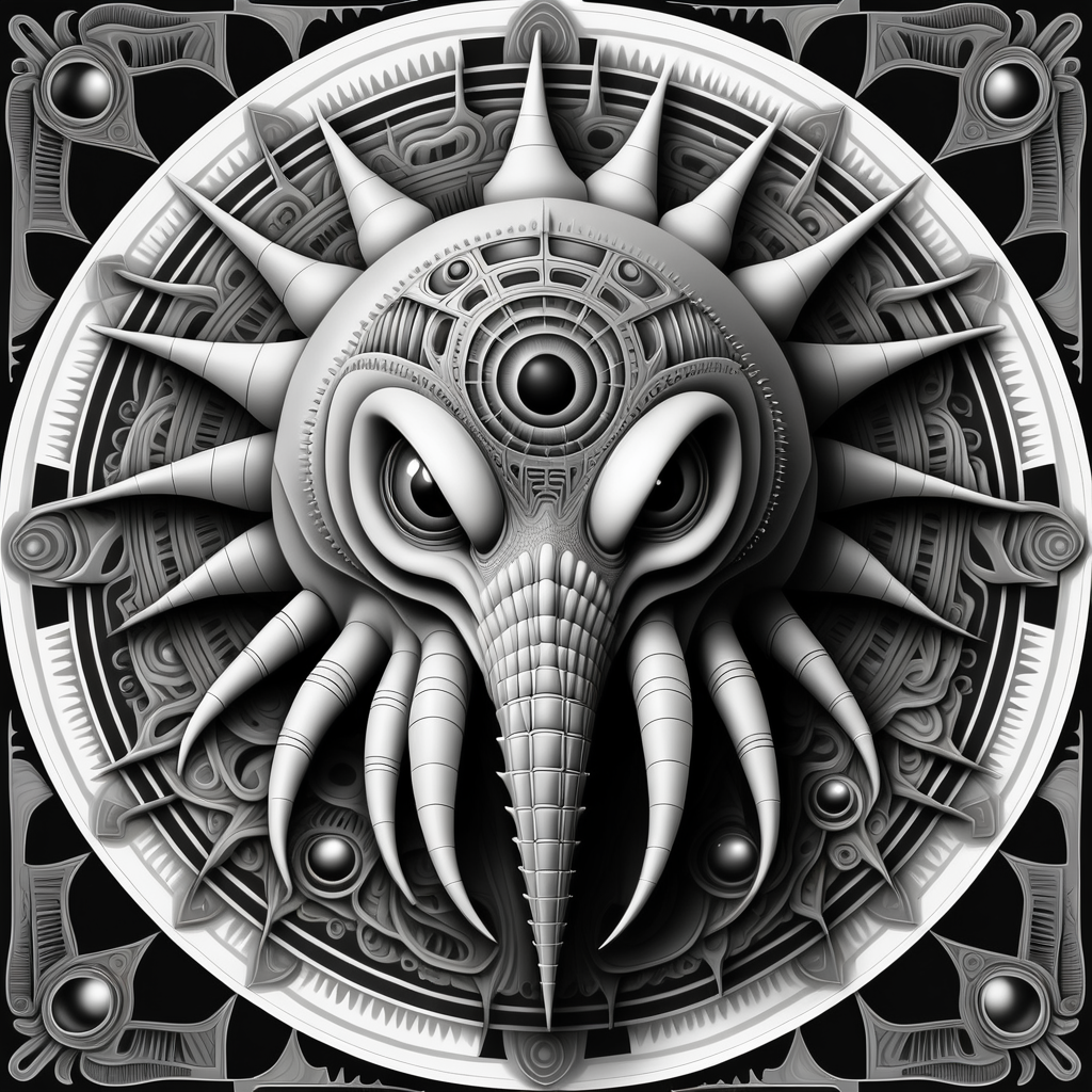 black & white, coloring page, high details, symmetrical mandala, strong lines, Stegasaurus with many eyes in style of H.R Giger