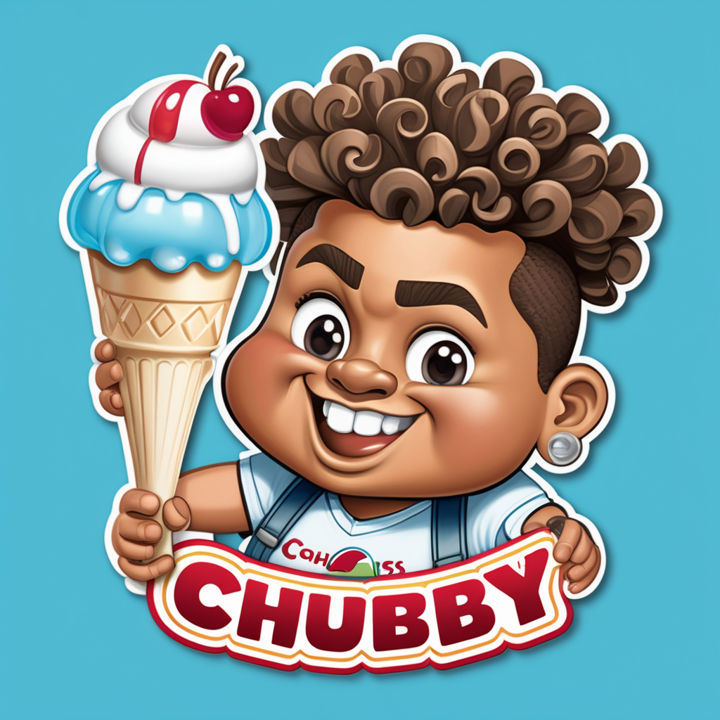 Creat an image of a stylized 3 dimensional emblem with resemblance to a badge or seal. The emblem features the words “Chubby Cheeks Iceys” in bold raised lettering. The central image is a chubby cheeked cute African American boy with a curly Mohawk holding an italian ice 