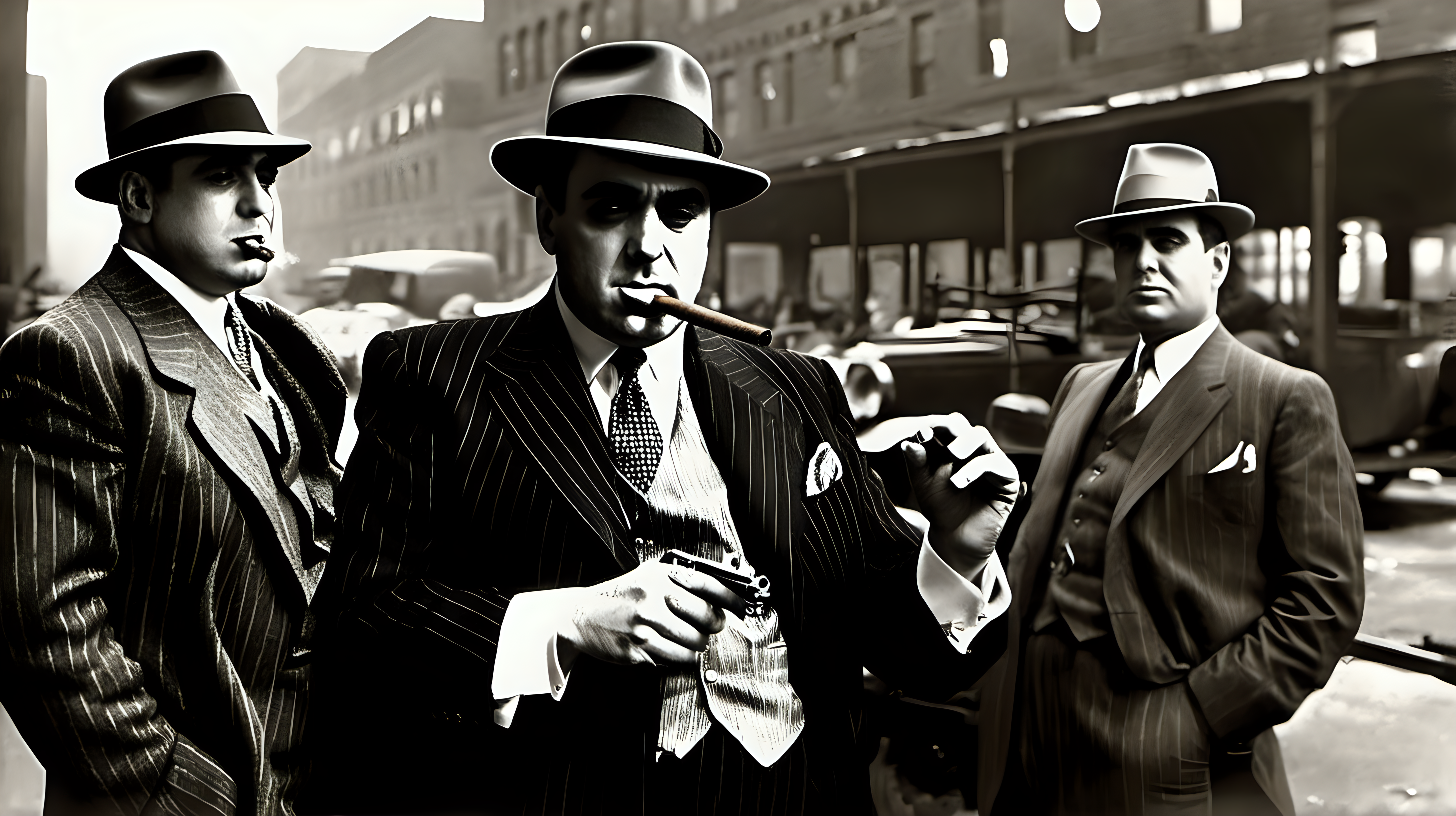 Al Capone & Donald Trump smoking a cigar and holding a machine gun in Chicago stockyard