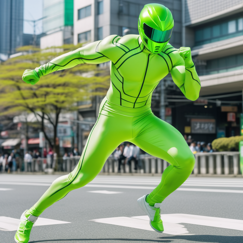 muscular man, full body lime green skintight suit, closed sentai helmet with visor, high speed sprinting, shooting green energy blast, street, Japan, day