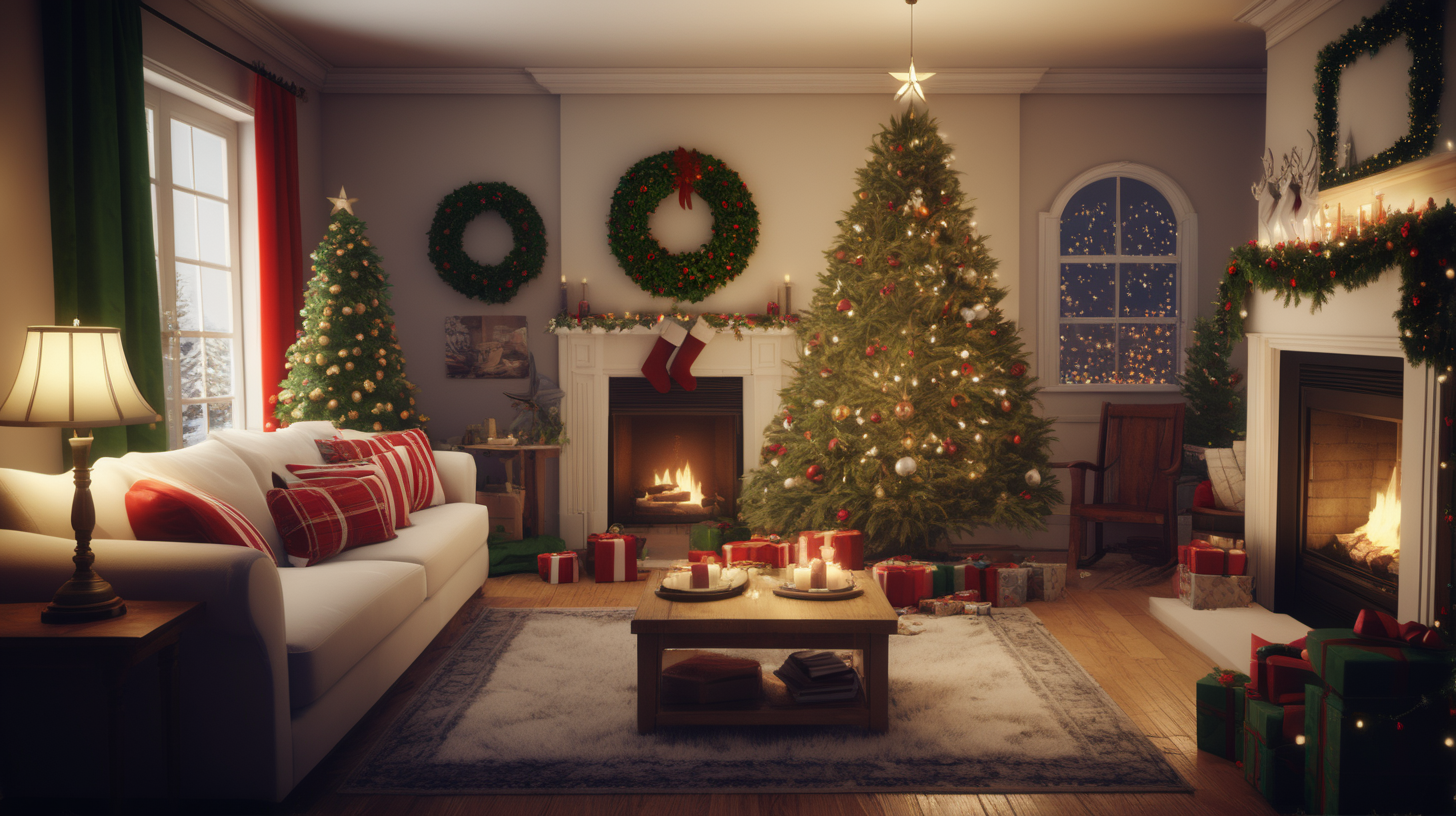 /imagine prompt: realistic, personality: [Illustrate a cozy living room adorned with Christmas decorations. The room exudes warmth and holiday cheer, with a beautifully decorated tree taking center stage. Soft, warm lighting casts a gentle glow on the scene, creating a cozy atmosphere. The camera captures the intricate details of the decorations, showcasing the festive spirit] unreal engine, hyper real --q 2 --v 5.2 --ar 16:9