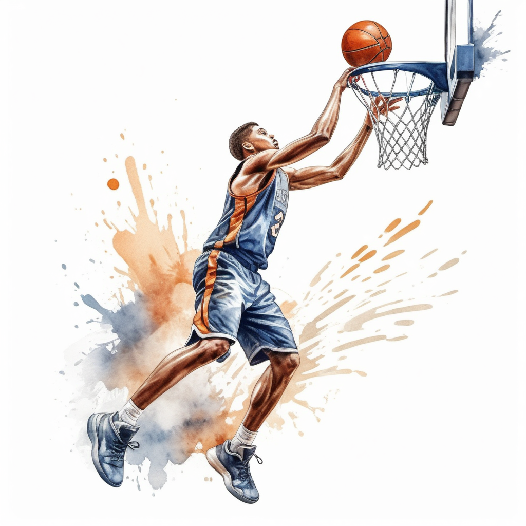 bílé pozadí_vytvoř realistickou ilustraci _detailní záběr na hráč_basketbal_ dává balon do koše ve výskoku_ve stylu akvarelu_