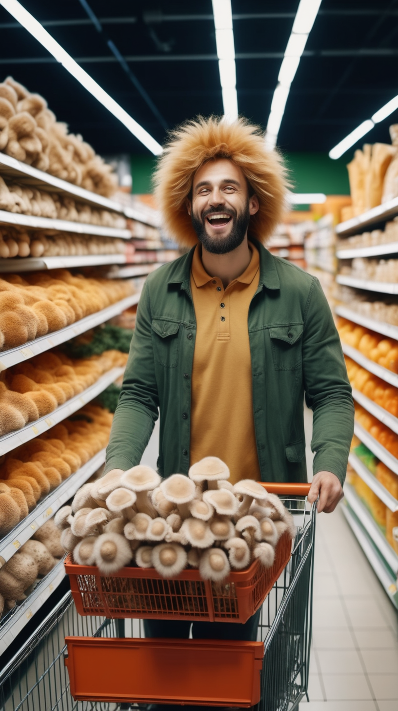 happy man in grocery shop with a trolly full of lions mane mushroom 4k