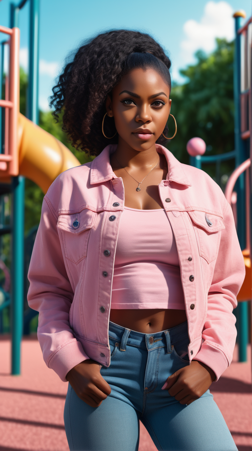 A beautiful, exotic, Black woman standing against , a lush playground background, Facing the camera straight ahead, with a fierce look in her eyes, wearing an light Pink, long sleeve, tee shirt, wearing a blue denim jacket, lighting is over the left shoulder, from behind, pointing down ultra 4k render, high definition, deep shadows