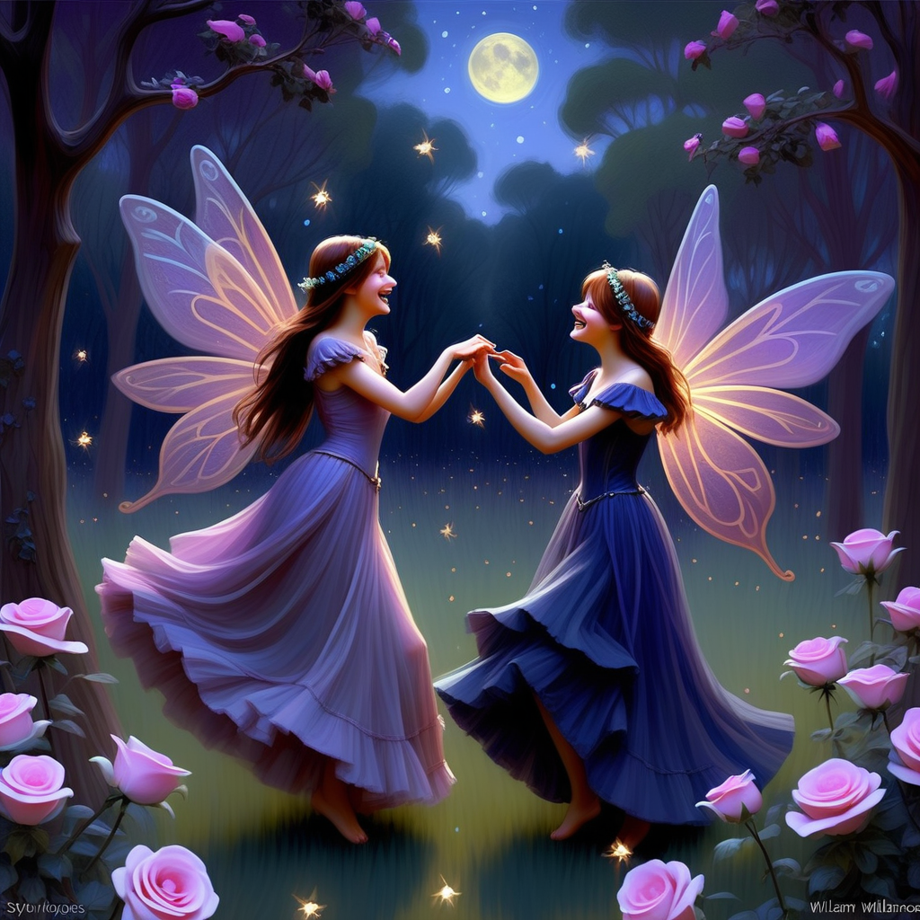 /envision prompt: "Enchanting Fairy Valentines' Dance" portrayed as an oil painting in the style of John William Waterhouse. Fairies, elegantly dressed, dance in a moonlit glade surrounded by blooming roses and twinkling fireflies. The color temperature leans towards romantic purples and deep blues, enhancing the fairy-tale ambiance. Expressions on the fairies range from joyous laughter to affectionate glances, capturing the essence of a magical night. --v 5 --stylize 1000 [1]