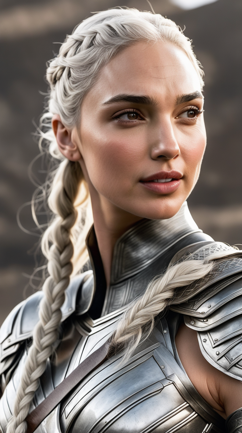 Gal Gadot, with white blonde hair in a long side braid wearing silver armor