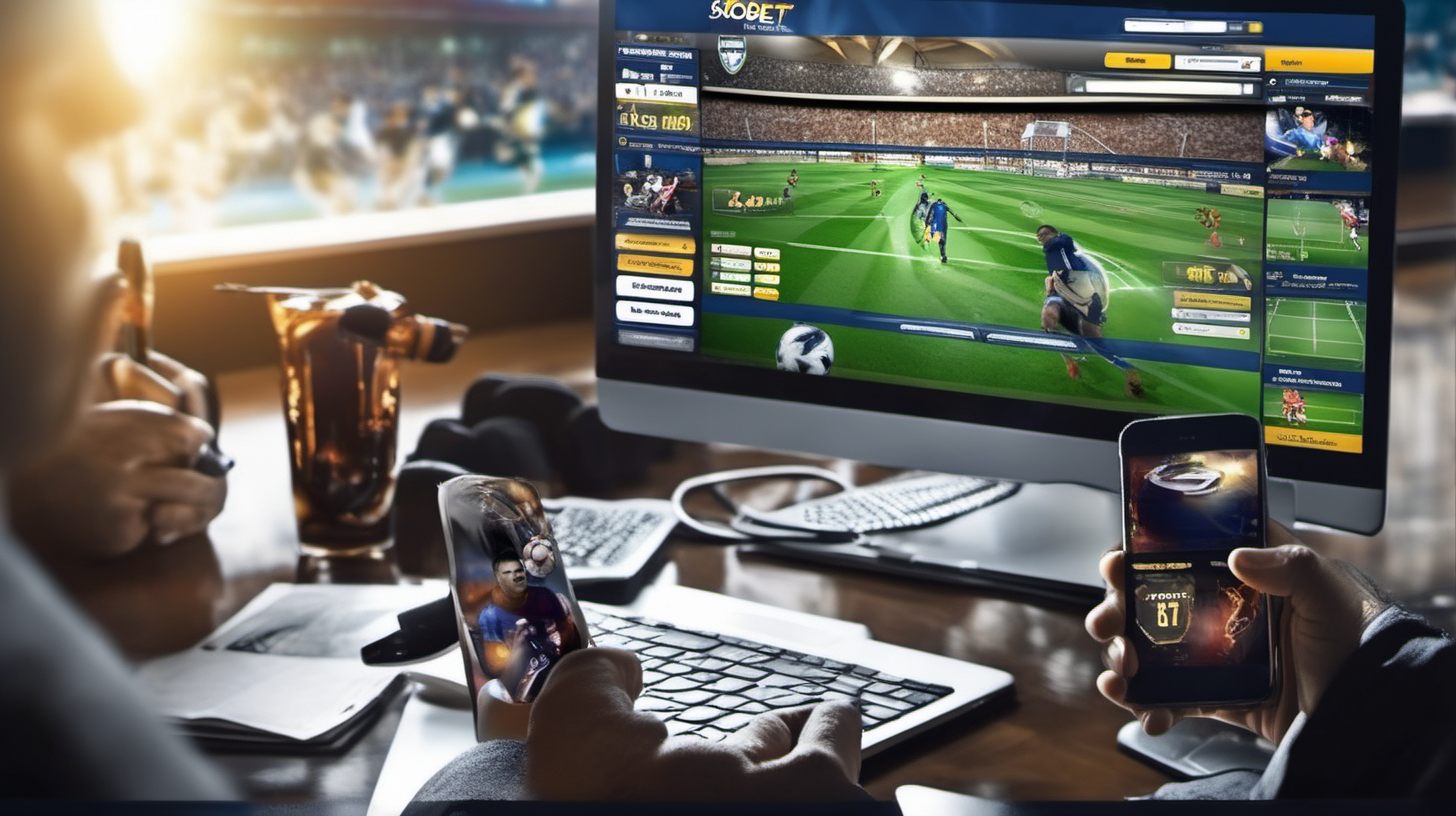 as a marketing person for online sports betting (sbobet), create random or random images, bet on online sports betting, using a gadget or smartphone :: using the latest technological innovations, Ai & Virtual reality, in a place that suits the subject, relevant images. cinematic or creative, detailed & Full Hd.