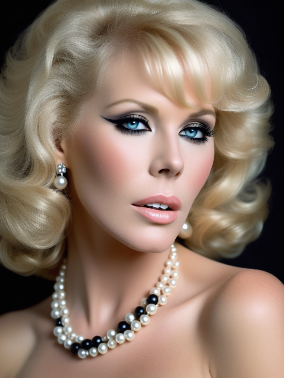 a close up of a nude woman with a black dress and a pearl necklace, perfect colorful eye shadows, inspired by connie steven, perfect body face and hands, profile picture, images on the sales website, beautiful android woman, muted colour