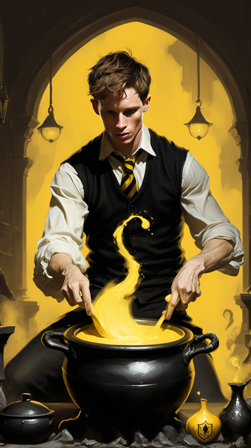Create a dark fantasy art illustration,  frank frazetta style, of Eddie Redmayne, as a Hogwarts Hufflepuff House student mixing cauldron