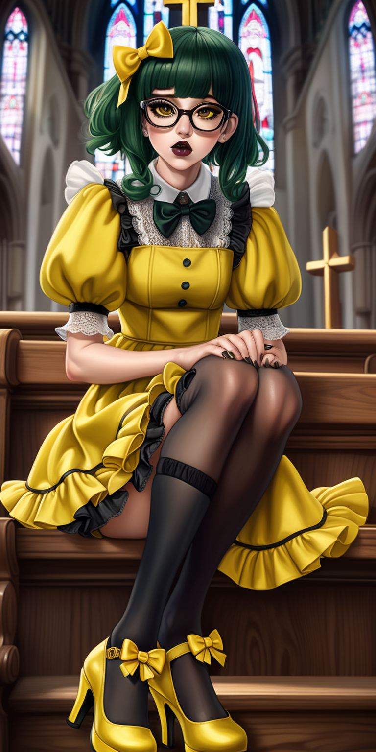 Anime woman with dark green hair and large lips with glossy dark brown lipstick and heavy makeup wearing a frilly yellow dress, black stockings, yellow heeled mary jane shoes, lots of bows and lace, wearing glasses. Nervous expression. Sitting nervously church