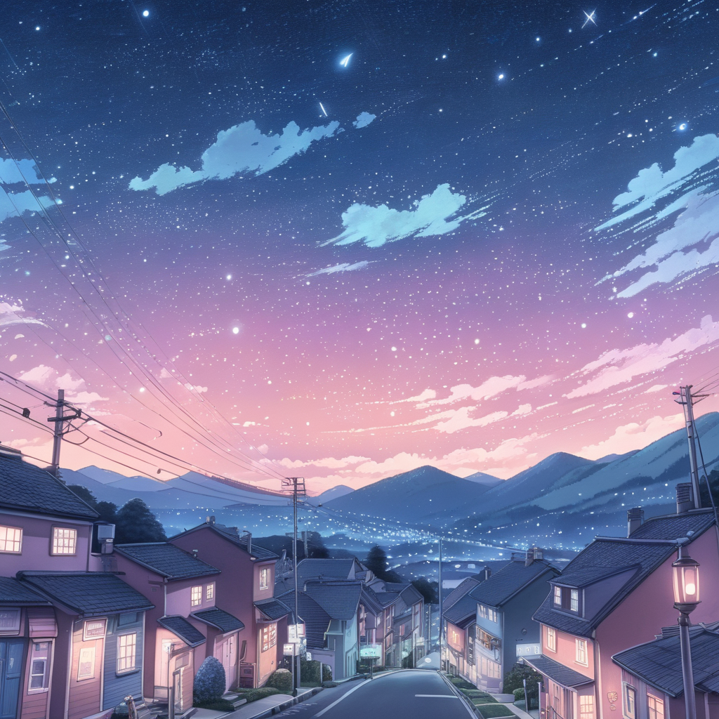 beautiful starry sky at dusk, handdrawn, anime, lofi, pastel, cinematic, nostalgic, town