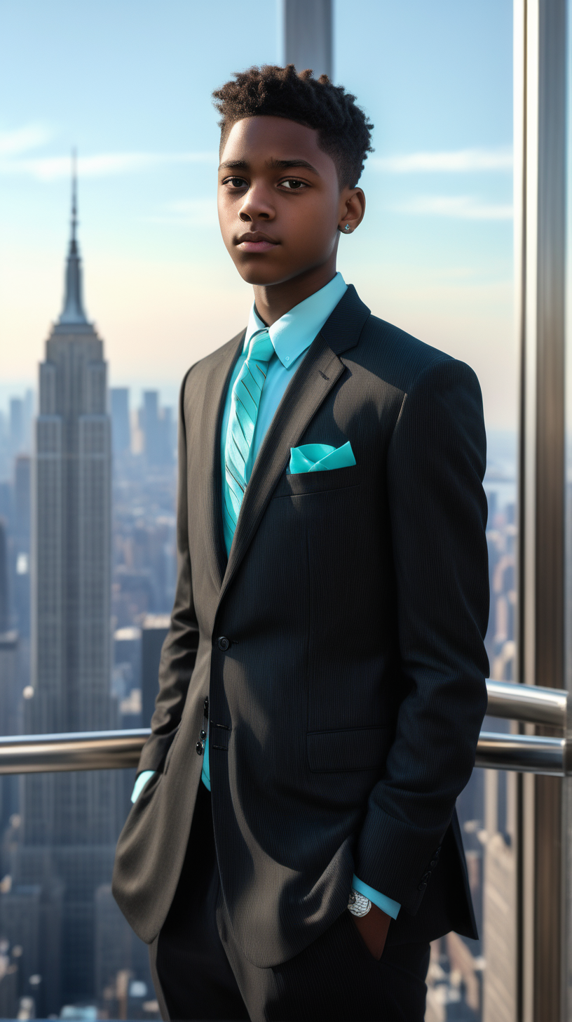 A handsome, intelligent black, male, teenager, with short hair, faded on the sides, wearing aqua Blue, Necktie, wearing a Black, dress shirt, Wearing a  Black Micro Pinstriped, two piece, gently tailored, wool suit, standing on the top floor of the Empire state building, in a luxury, brightly lit, modern office, in Ultra 4K, High Definition, full resolution, hyper realism