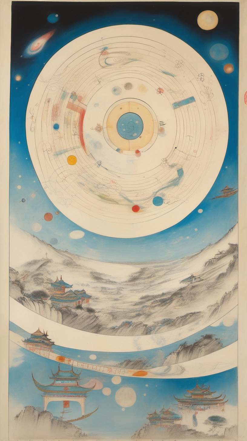 chinese gongbi drawing, with traversable wormhole, other worldly scenery, Wassily Kandinsky, sublime, stars,Gonbi realism