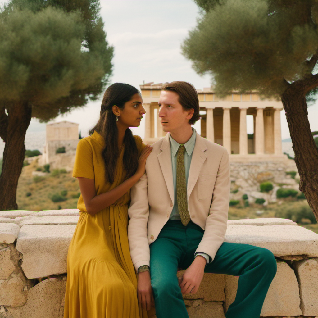 Young German-Indian couple in Athens, Akropolis and olive trees in the background, Wes Anderson cinematic setting