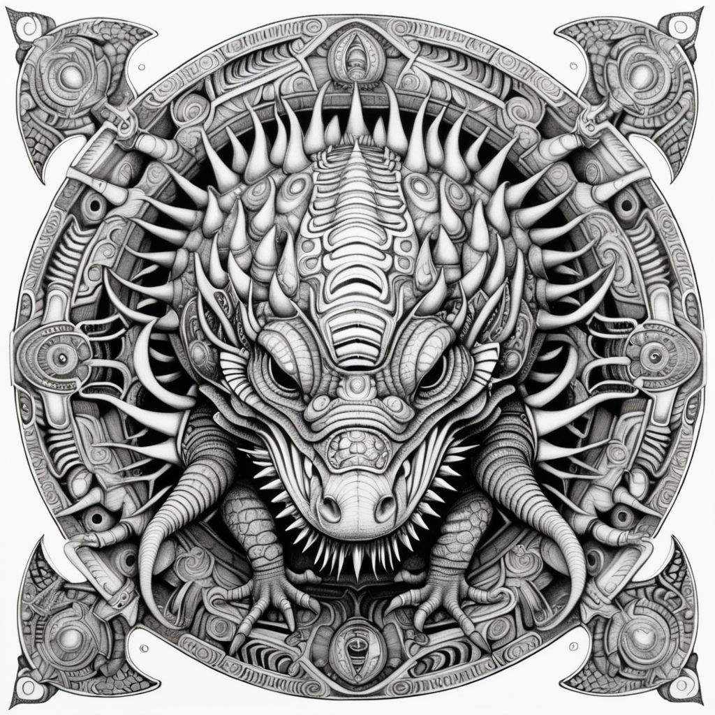 black & white, coloring page, high details, symmetrical mandala, strong lines, ankylosaurus with many eyes in style of H.R Giger
