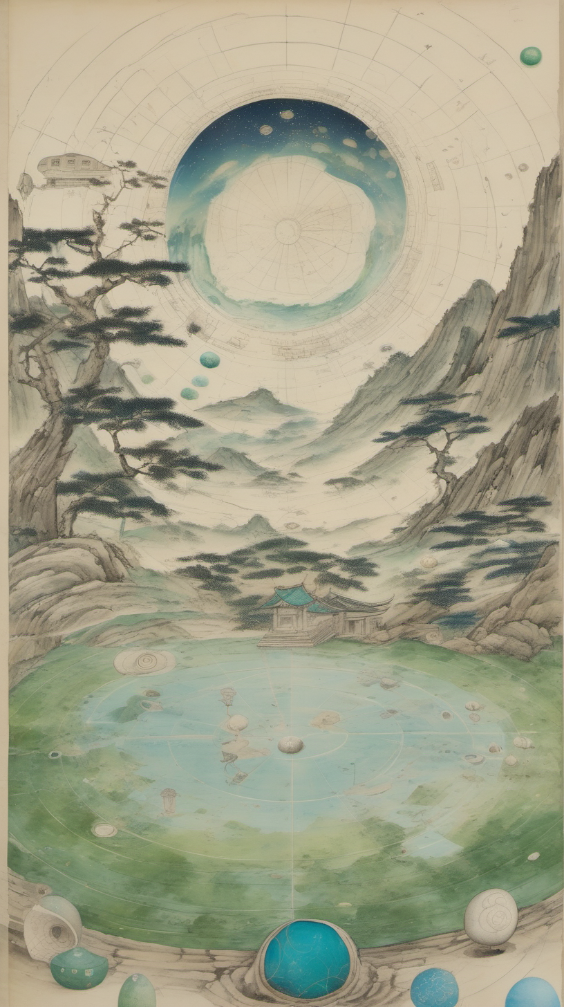 chinese gongbi drawing, with traversable wormhole, other worldly scenery, cosmos, quail eggs, greenblue mountain,underground
