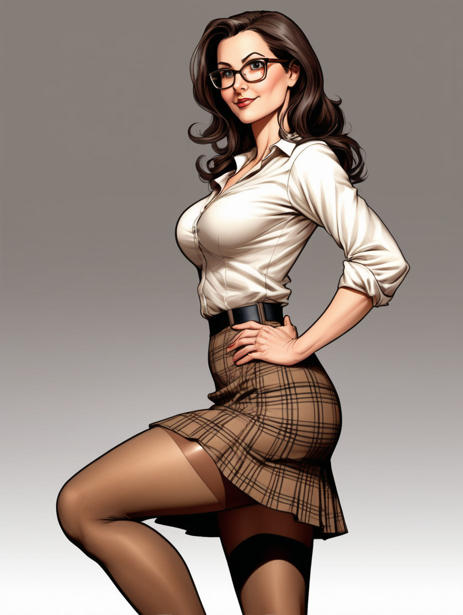 Beautiful, mature, brunette woman, teacher, glasses, cleavage, flowy brown[plaid] skirt, [Detailed comic book art style] lecture, brown pantyhose , side view