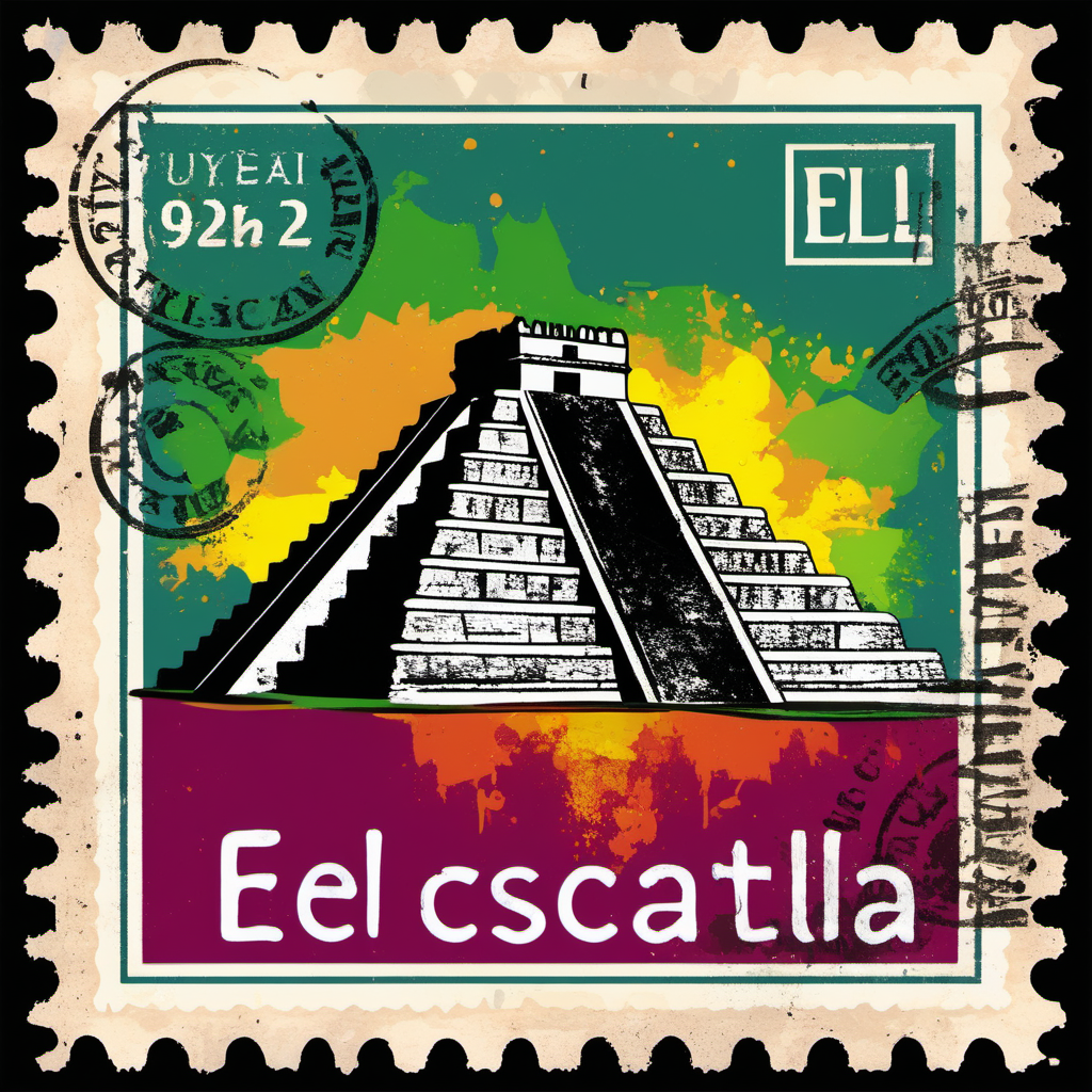 stamp with el castillo, yucatan, abstract, colourful, disstressed edges