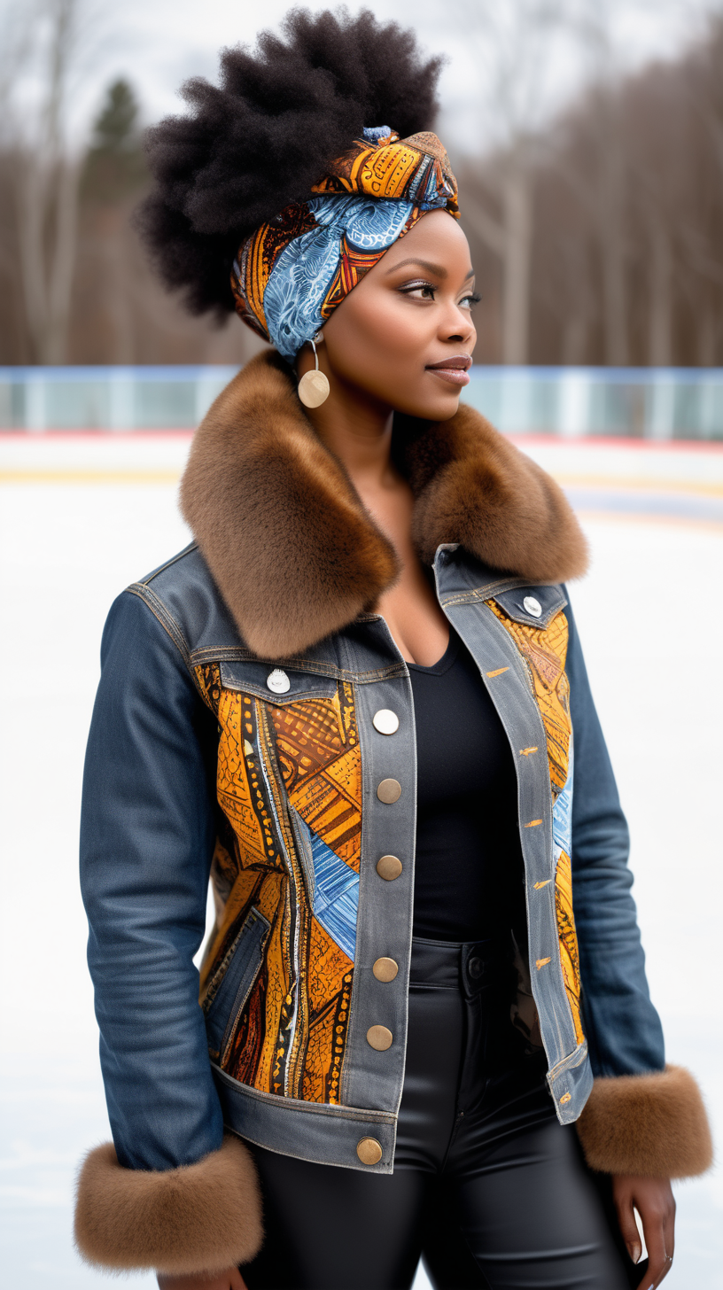 A beautiful black woman wearing an African printed fabric head wrap, Levi denim jacket, restyled into a three quarter length jacket, made of Obsidian, lambskin leather, with African printed fabric inserted in various places, show Front, Back, and Side views with stainless buttons, with a fluffy brown mink fur collar, standing at an outdoor ice skating rink, with grey and blue shades and hues in the background