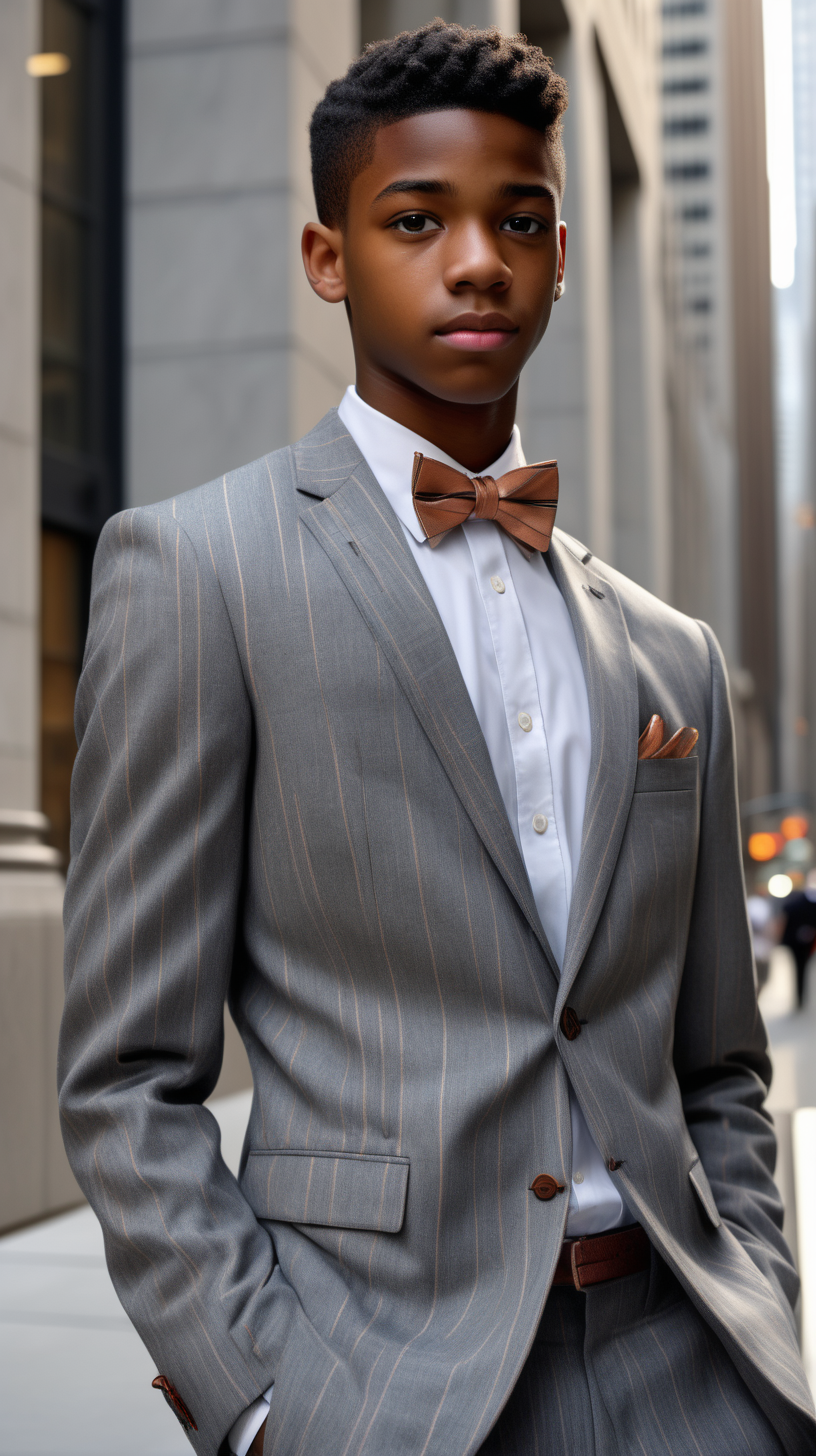 A handsome, intelligent black, male, teenager, with short hair, faded on the sides, wearing a Copper, striped, bowtie, wearing a white, dress shirt, wearing a Heather Grey, Glenplaid, two peice, gently tailored suit, standing outside of a corporate building, on Walstreet, in Ultra 4K, High Definition, full resolution, hyper realism