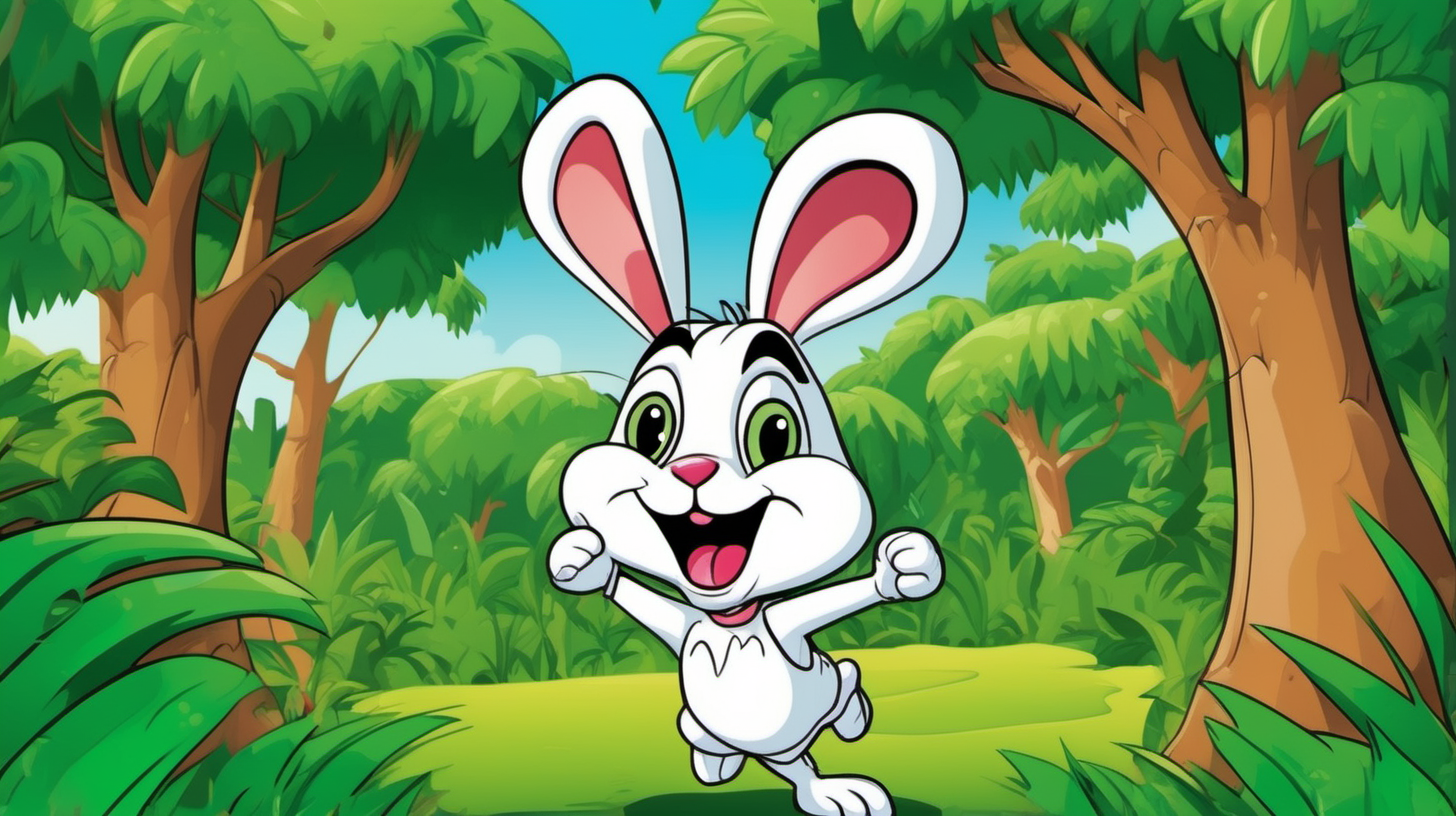 an excited cartoon rabbit in a green jungle under a tree