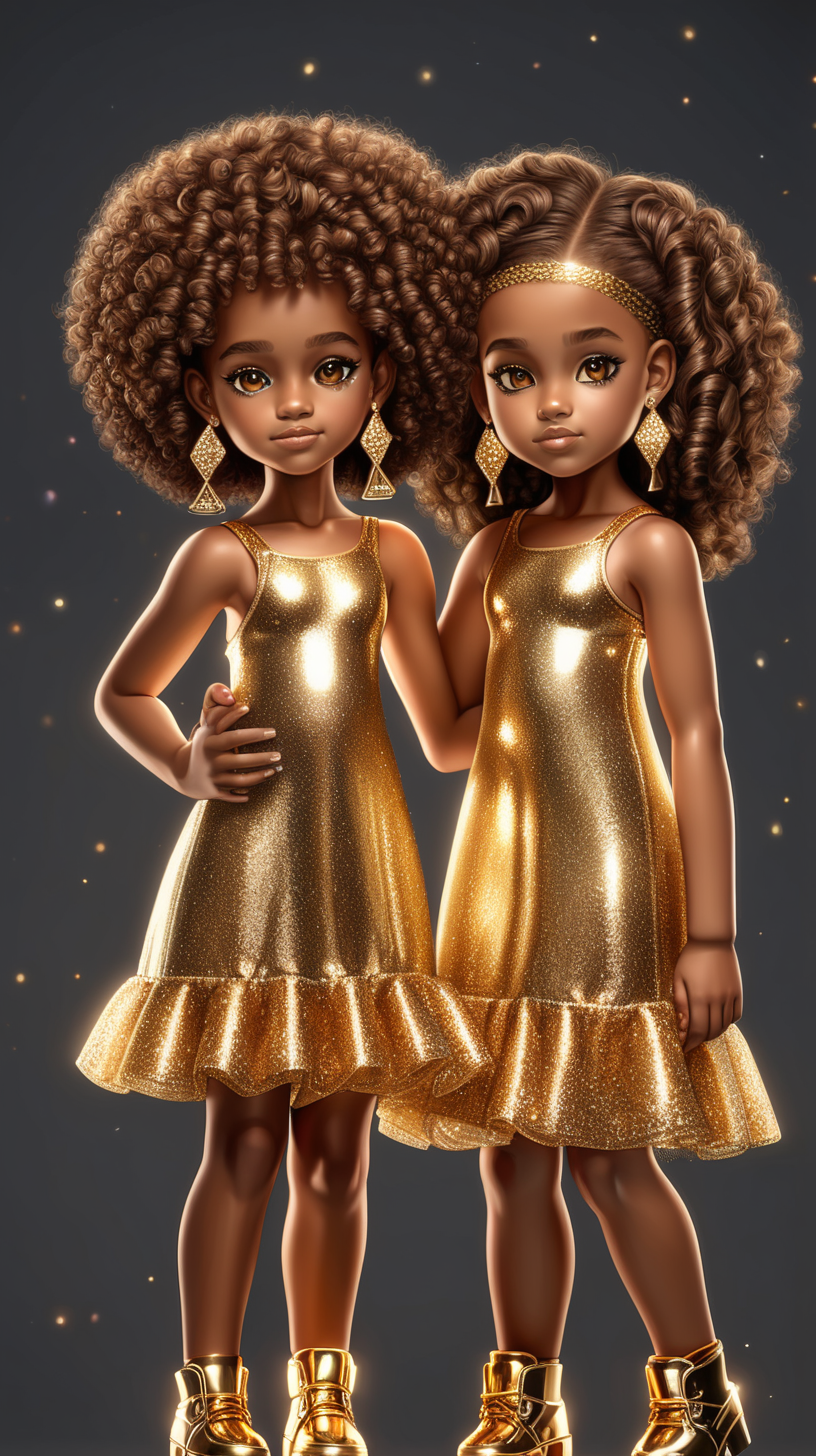 pixel 3D African 10 year old  twin sisters,  glowing beautiful light brown skin curly permed hair sparkly face with sparkly makeup on and full body with a golden dress and Golden Earrings showing legs in golden shoes with normal Brown skin and beautiful dark brown 