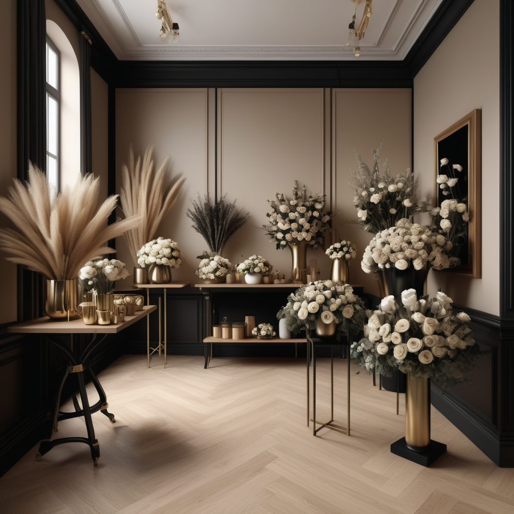 hyperrealistic image of an elegant florist interior in a beige, oak, brass and black colour palette