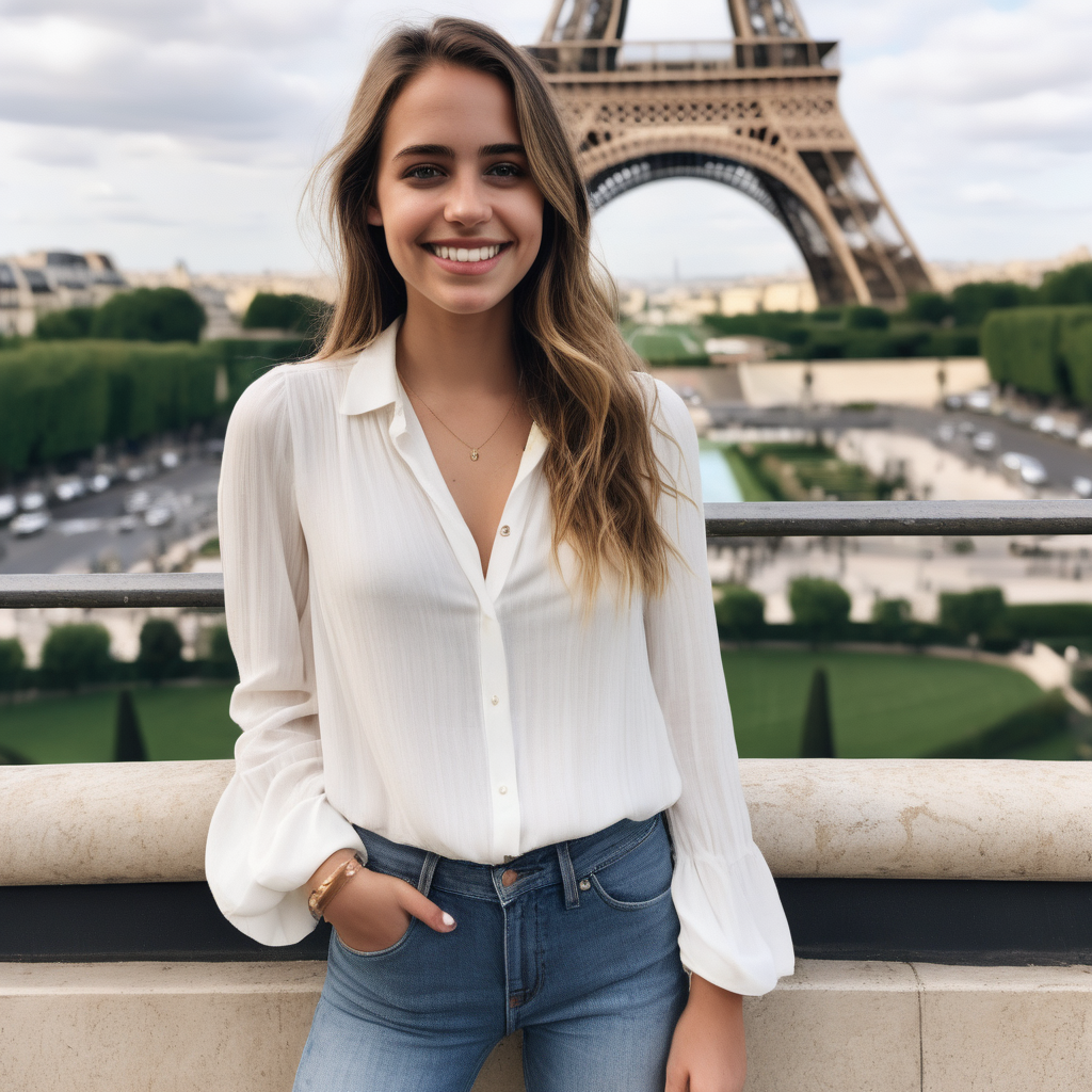 A smiling Emily Feld dressed in a long white blouse and jeans standing in front of the Eiffel Tower