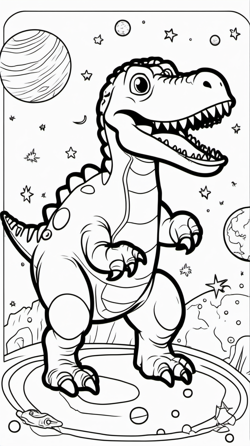 A funny coloring book for children about a dinosaur in space and planets. The background will be white and without shadows, and the drawing will be black with a thin line without shadows