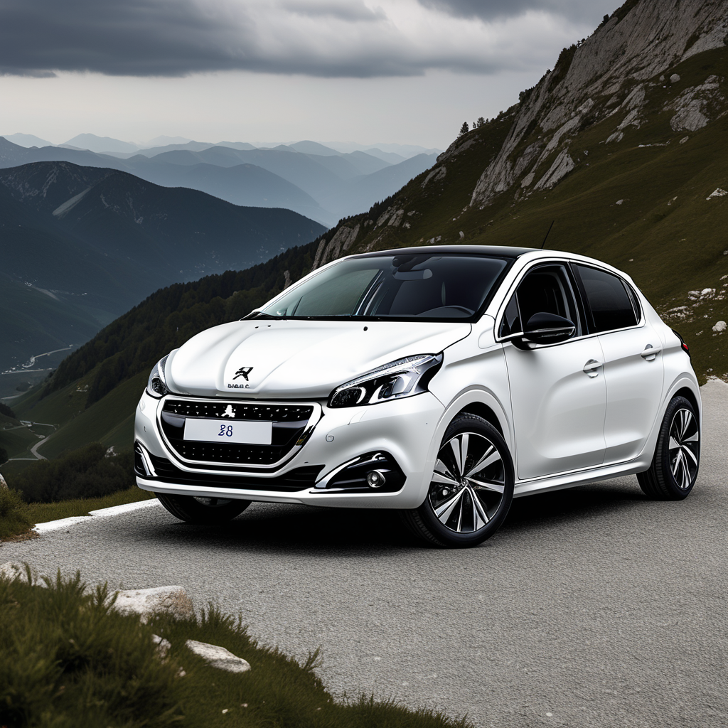 Peugeot e-208 in white color in the mountains
