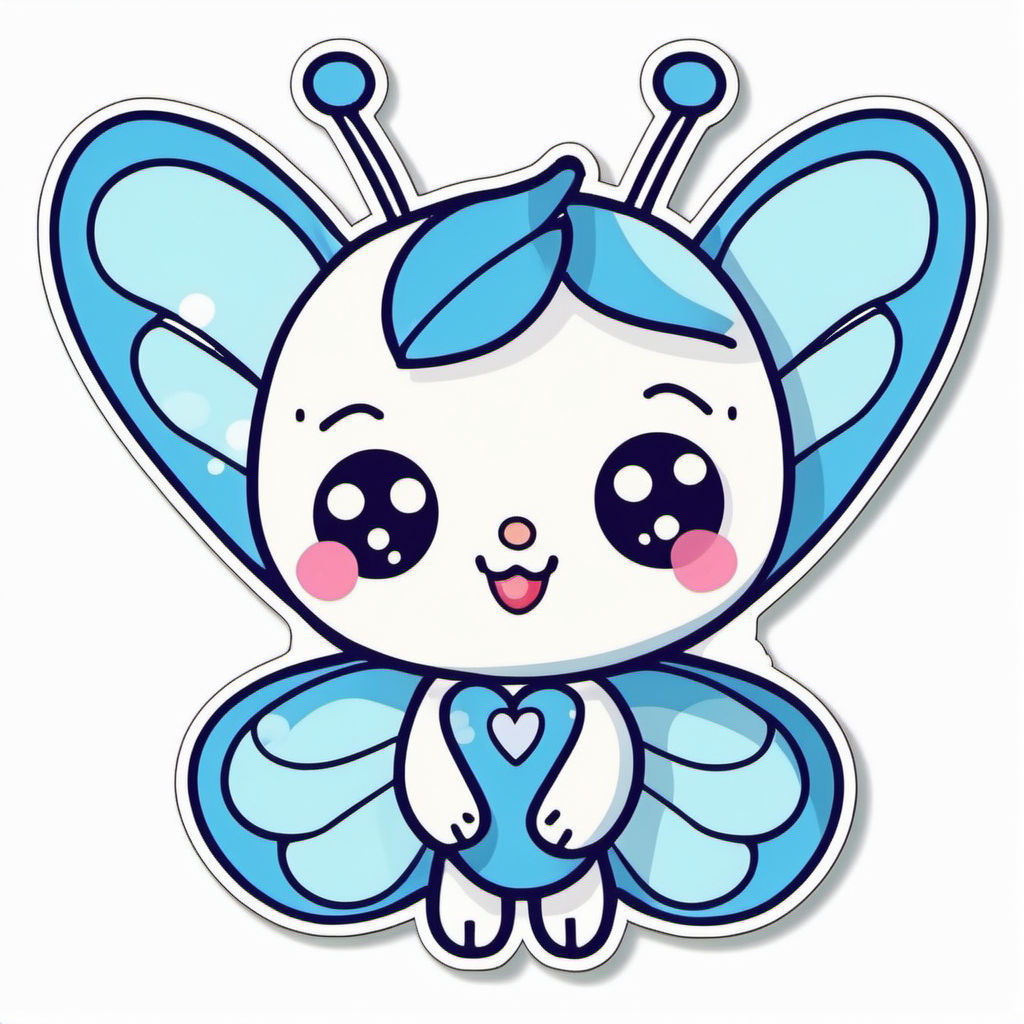  Sticker, Cute valentine blue Butterfly with Heart-shaped Wings, kawaii, contour, vector, white 
background
