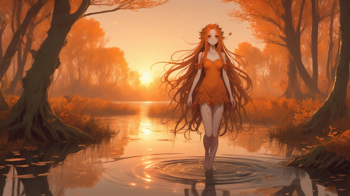 Orange sunset themed beautiful cute comforting shy dryad waifu in an autumn swamp smiling freckles amber eyes majestic long hair  full body walking on water