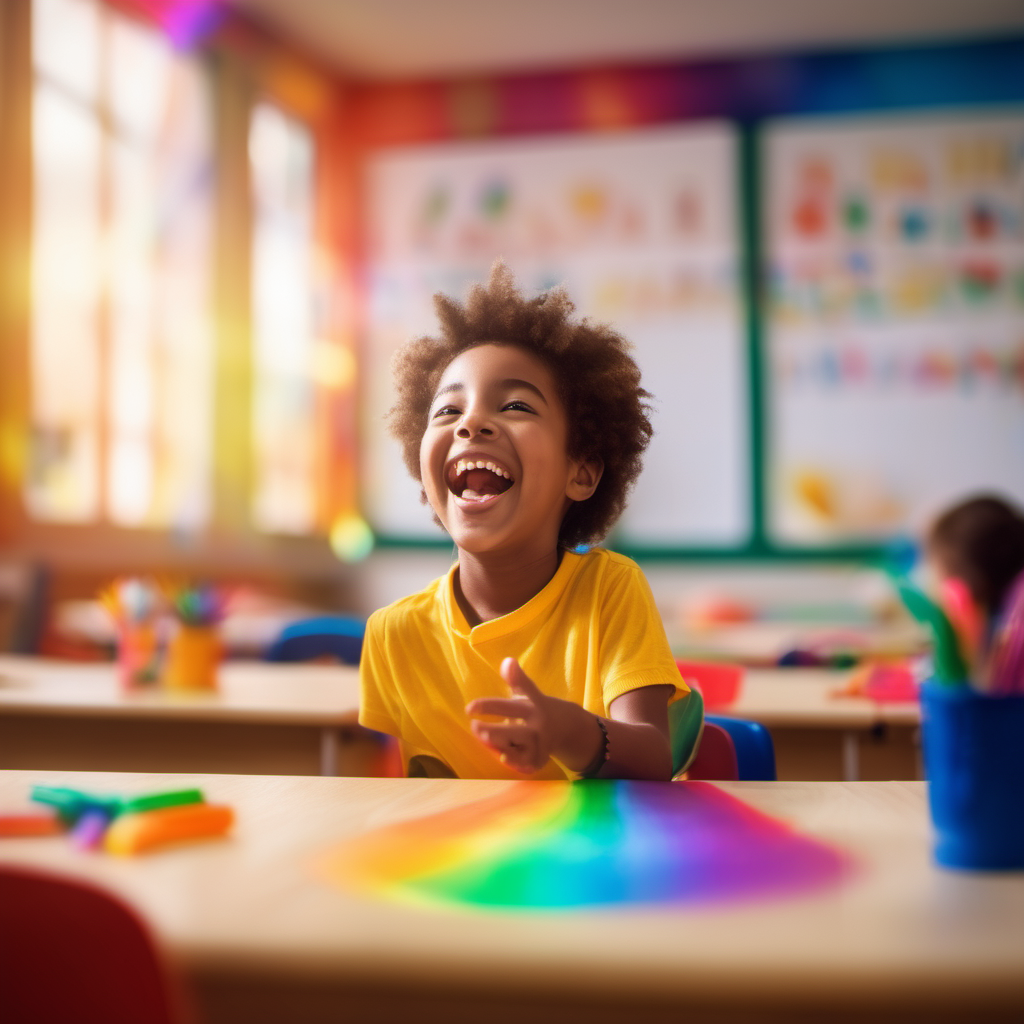 happy child playing in a classroom with a