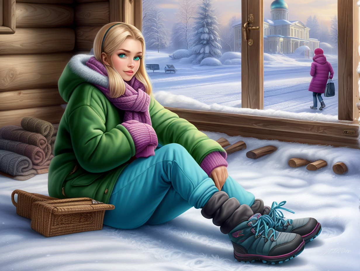 Hand knitted woolen rugs on the floor. Hot 30 years blonde girl with green eyes wearing sweatshirts, hoodies, warm long trousers or extra thick tights, and thermal underwear. A long, warm coat is highly recommended. She is sitting on the floor in old Russian wooden country house with big fire place inside. Not only will keep it insulated from the cold, but if you slip on the ice it will cushion you and protect your clothes. And of course, it goes without saying that you must bring a hat, scarf and gloves. Ideally, very warm gloves, a fur or wool hat which covers her ears, and a scarf which can be wrapped around her face as well.
Wearing warm pair of waterproof shoes, as Russia’s sidewalks and streets transform into a quagmire of slush and snow during winter. Shoes should have grippy treads as ice is often more problematic than snow, and the pavement can turn into an uneven mountain of black ice. Make sure to bring warm hand knitted socks, preferably those sold in hiking/outdoor shops. Deep snowy winter. Outside is night.
