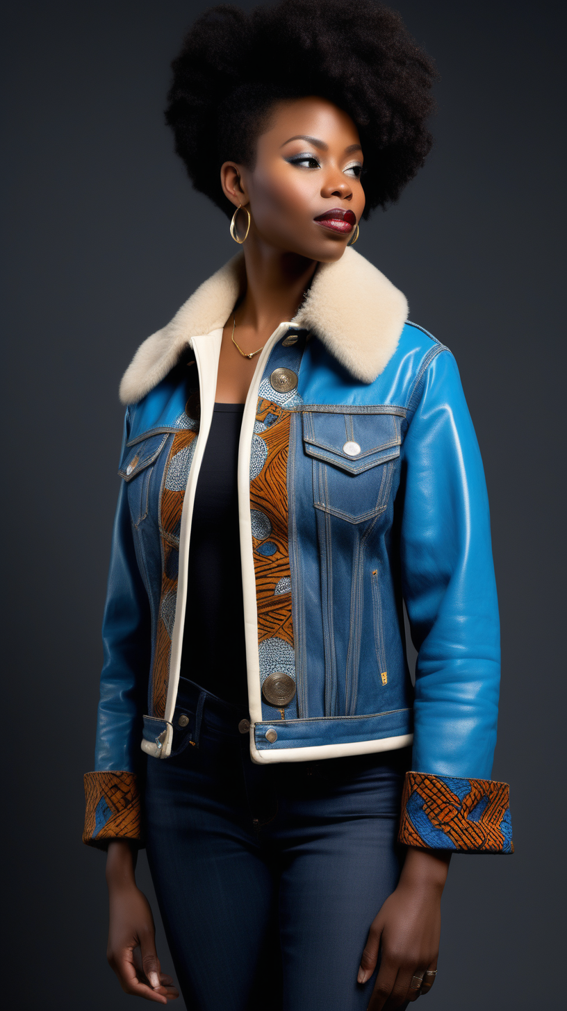 A beautiful black woman wearing a Levi denim jacket, restyled into a three quarter length jacket, made of Cerulean Blue, lambskin leather, with african printed fabrick inserted in various places, show Front, Back, and Side views with stainless buttons, with a cream Mink collar