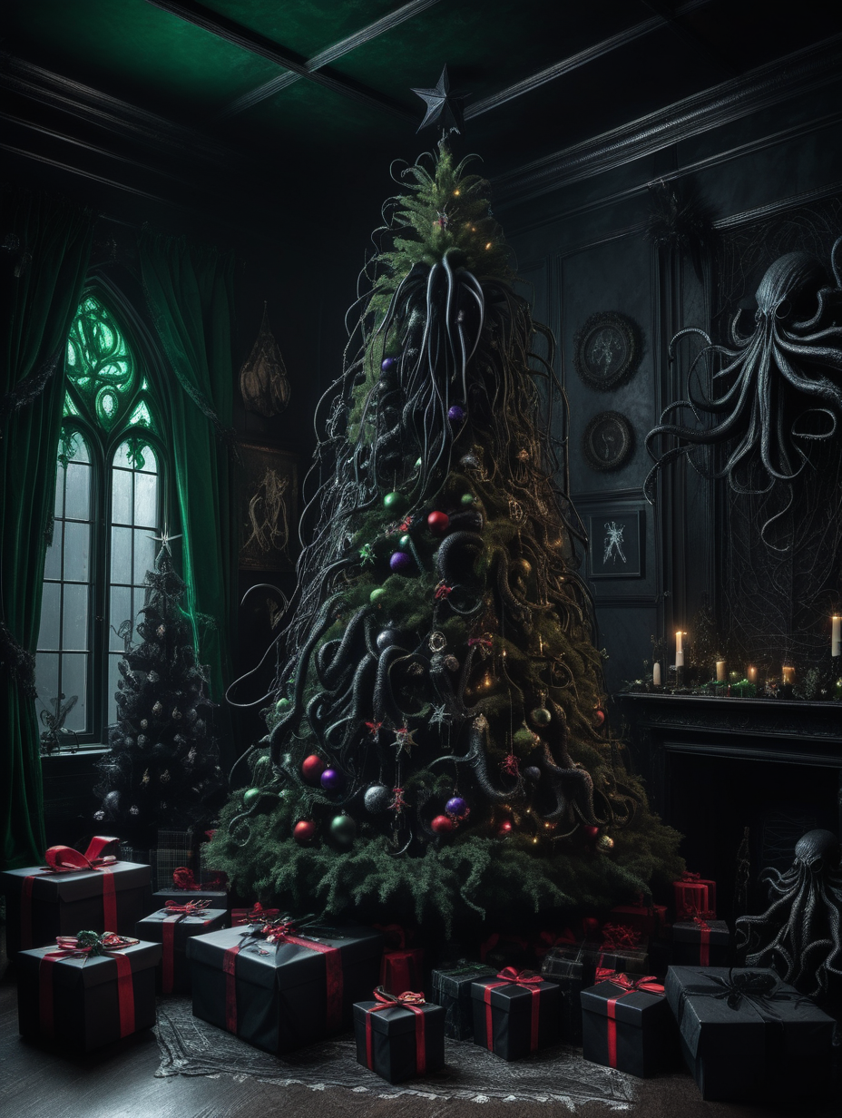 A dark gothic Christmas tree in a dark