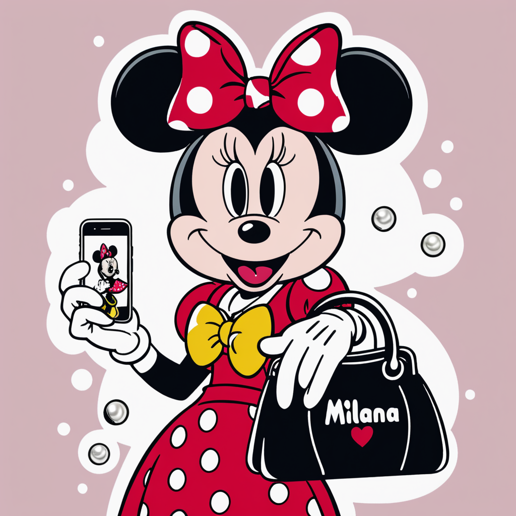 Minnie Mouse with a red bow in her hair with pearl earrings on while she is holding a purse and cell phone in one hand, with the word "MILANA"